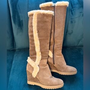 Aquatalia Tan Curran Faux Fur Trimmed Suede Tall Wedge Boots